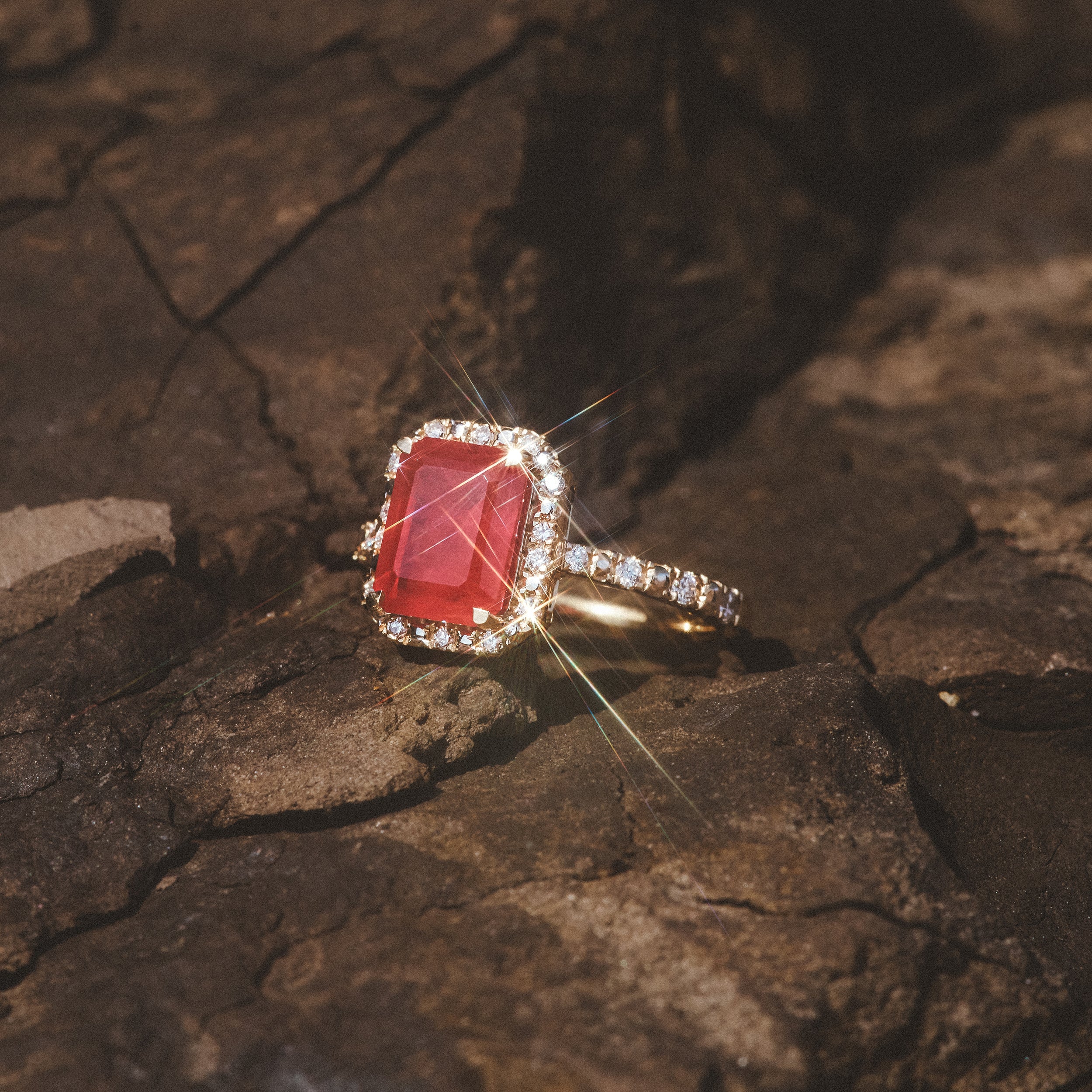 Astra 1.90ct Lab Ruby and Diamond Halo Shoulder Set Octagon Cut Ring in 18K Gold Vermeil